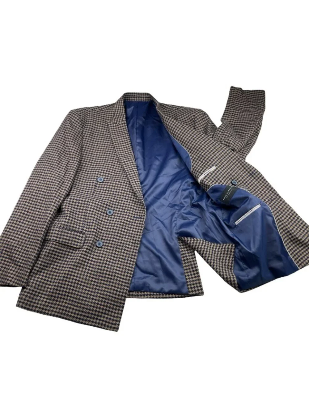 Alain Dupetit Men's Double Breasted Suit Navy/Beige Houndstooth • 44R US | 38x26